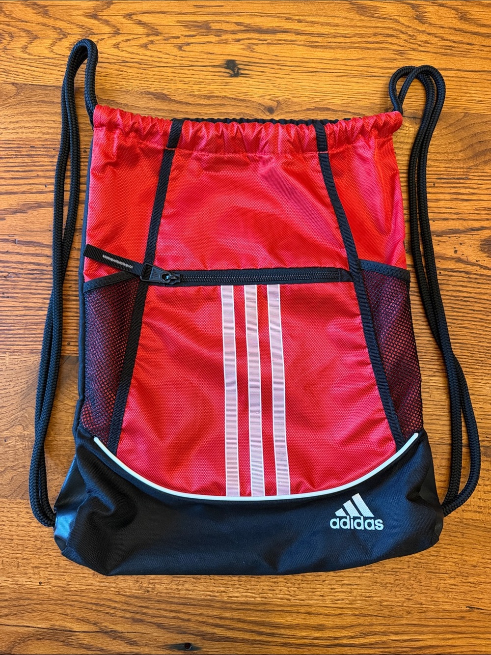 adidas Red and Black Drawstring Backpack with White Stripes